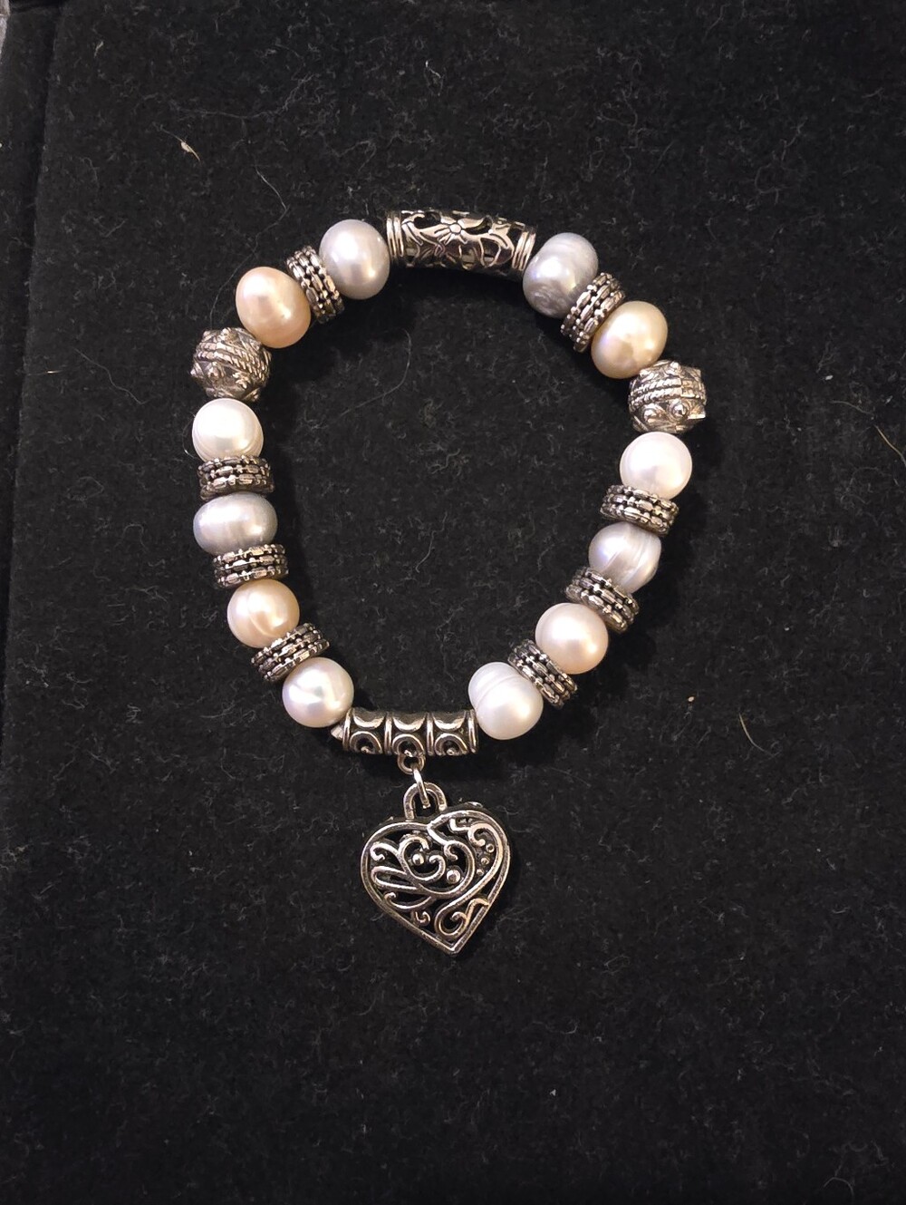 Brighton Contempo heart pearl stretch bracelet featuring a filigree silver heart